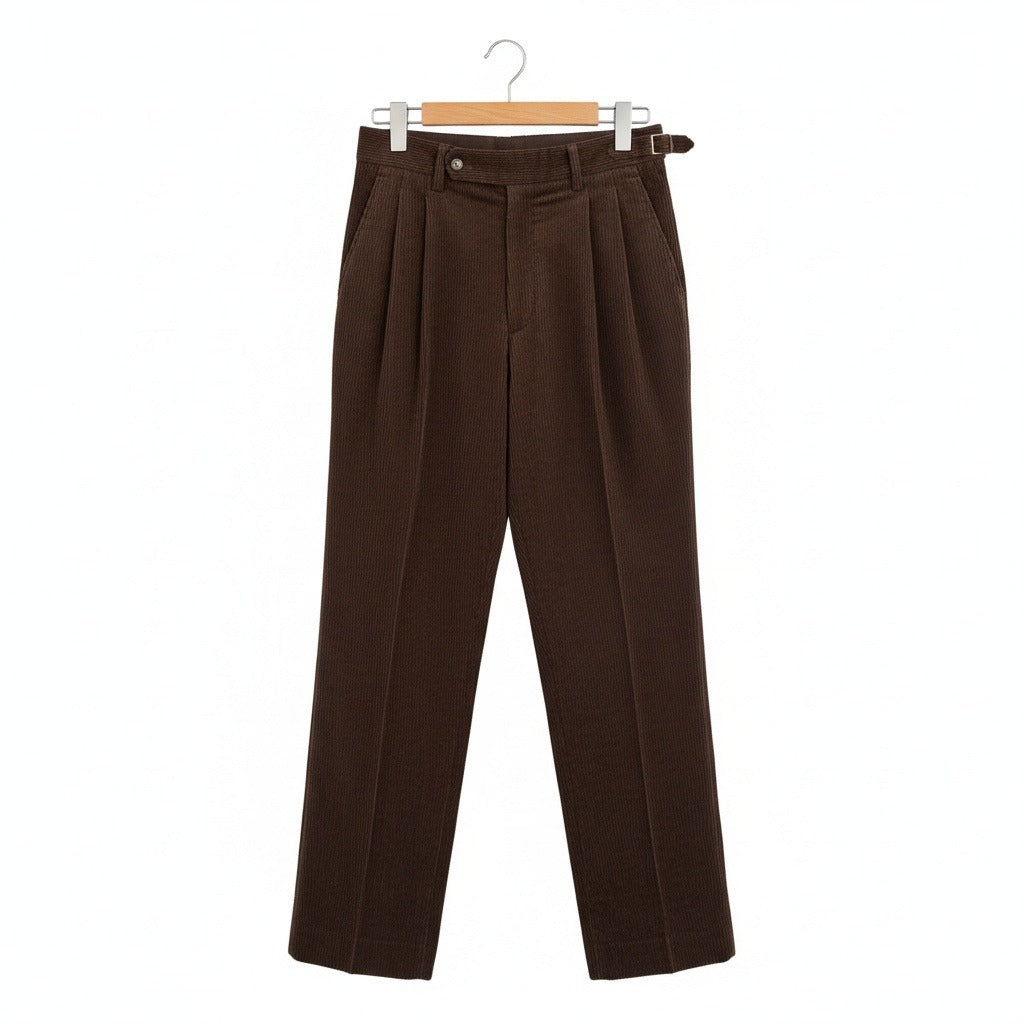 Men's Velvet Trousers – Pleated Straight Leg with Turn-Ups
