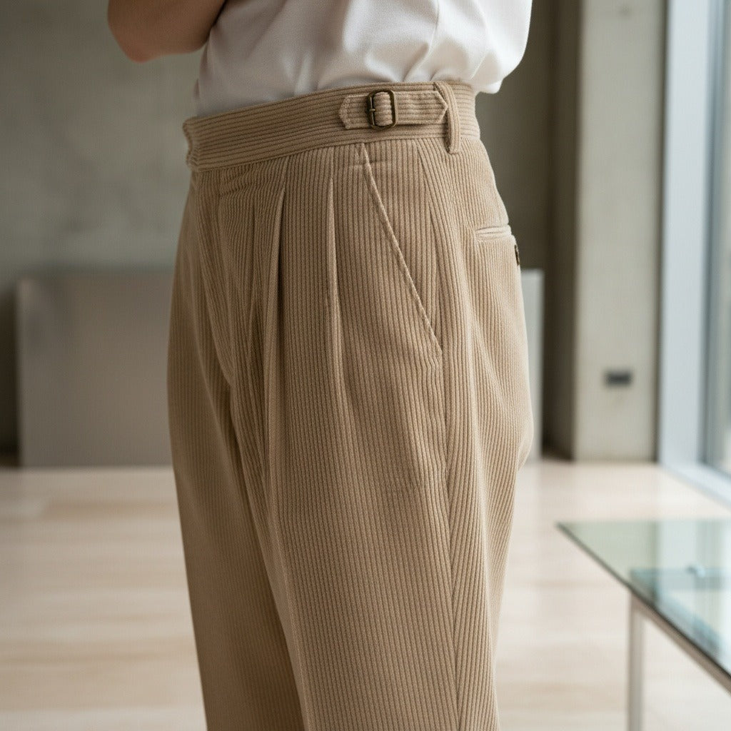 Men's Velvet Trousers – Pleated Straight Leg with Turn-Ups