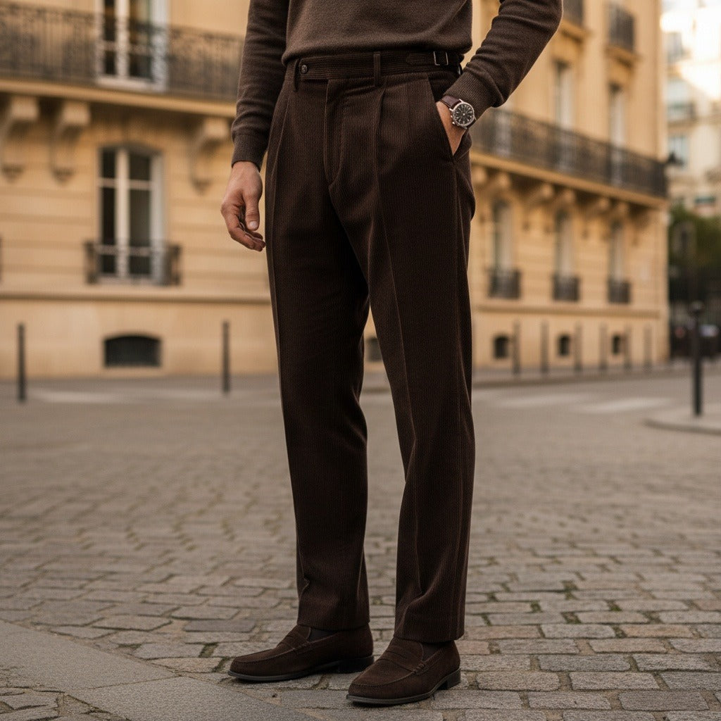 Men's Velvet Trousers – Pleated Straight Leg with Turn-Ups