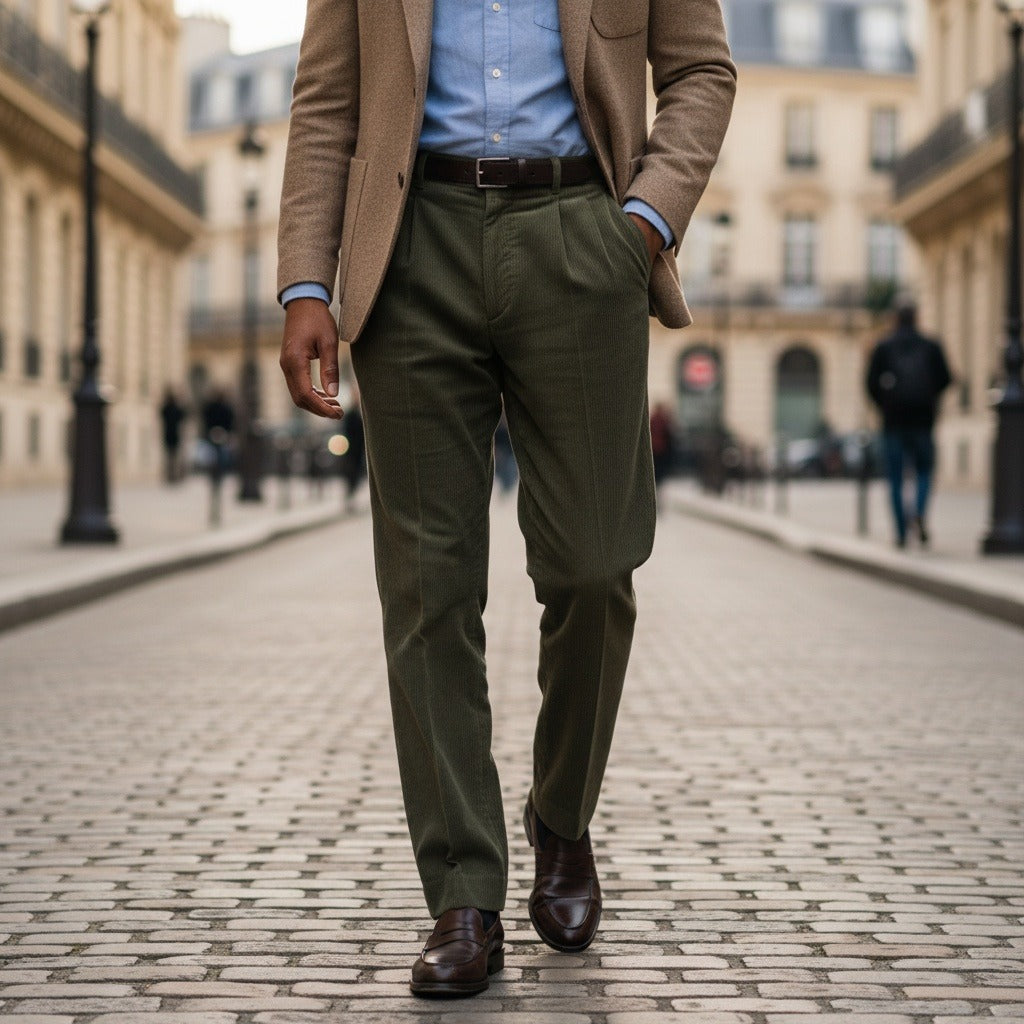 Men's Velvet Trousers – Pleated Straight Leg with Turn-Ups