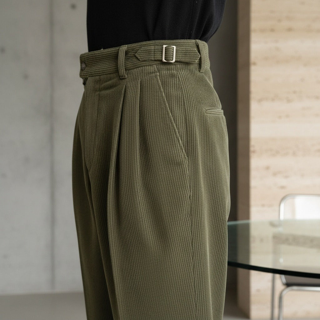 Men's Velvet Trousers – Pleated Straight Leg with Turn-Ups