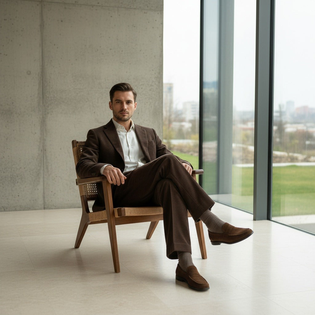 Men's Velvet Trousers – Pleated Straight Leg with Turn-Ups