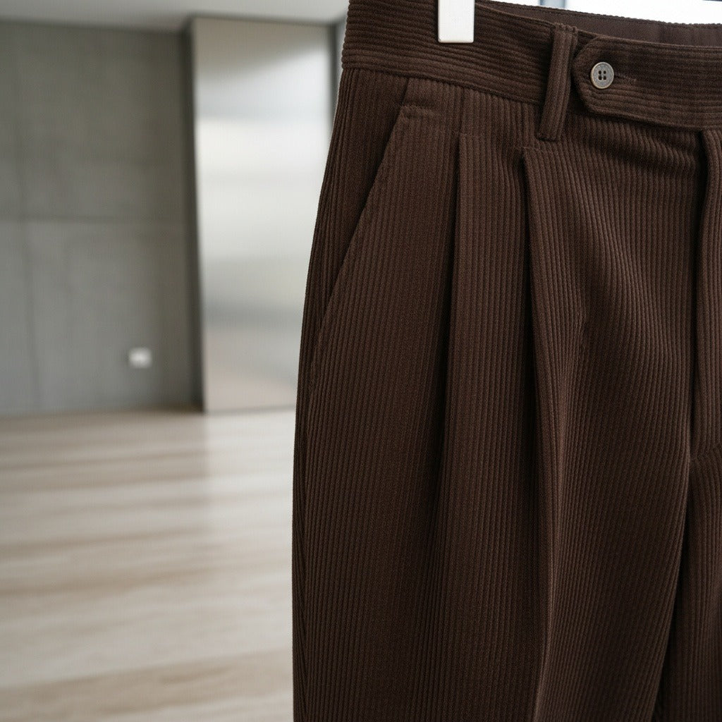 Men's Velvet Trousers – Pleated Straight Leg with Turn-Ups