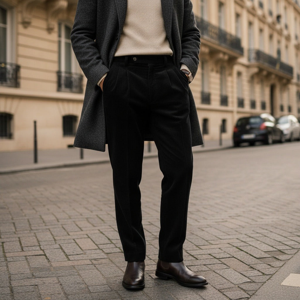 Men's Velvet Trousers – Pleated Straight Leg with Turn-Ups