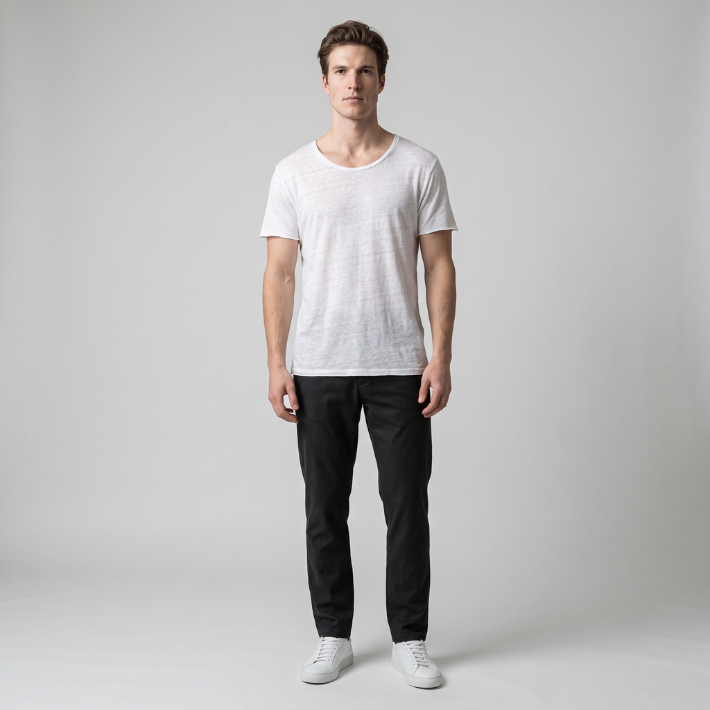 Model wearing the white lightweight scoop neck t-shirt, studio shot