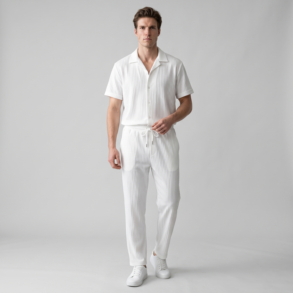 Model wearing the white textured lounge set with drawstring trousers, studio shot