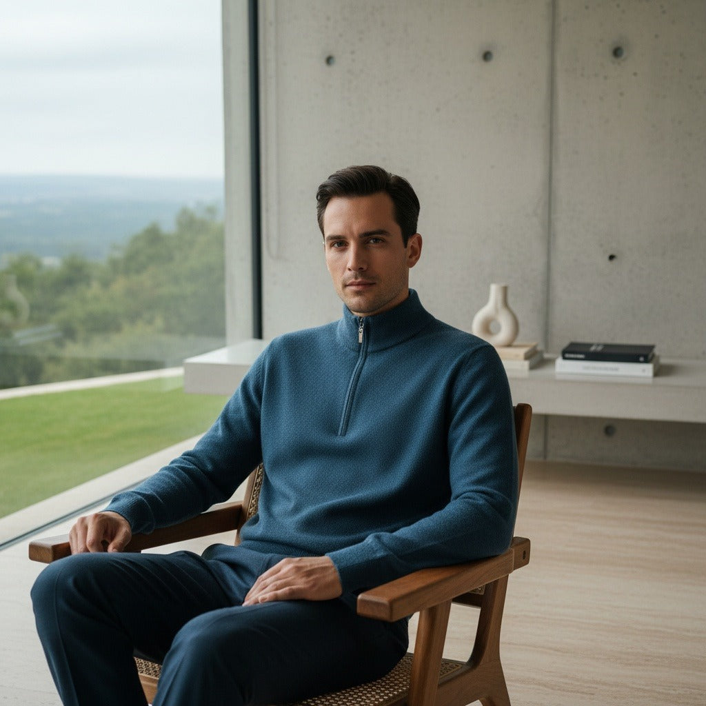 Men's Quarter Zip Jumper – Merino Blend Funnel Neck Sweater
