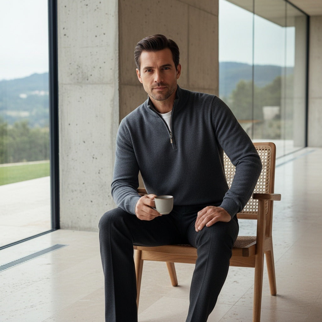 Men's Quarter Zip Jumper – Merino Blend Funnel Neck Sweater