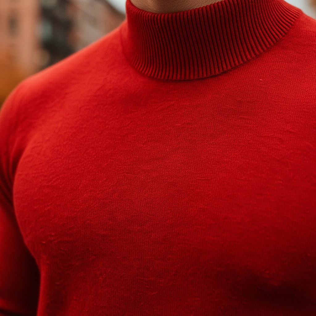 Detail of the mock neck collar on a men's knit jumper