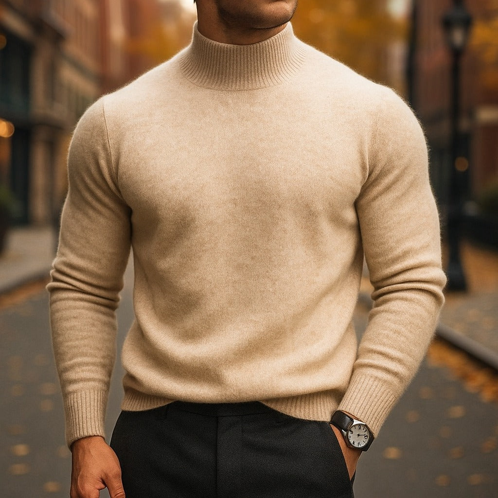 Close view of the fine knit texture on a men's mock neck jumper