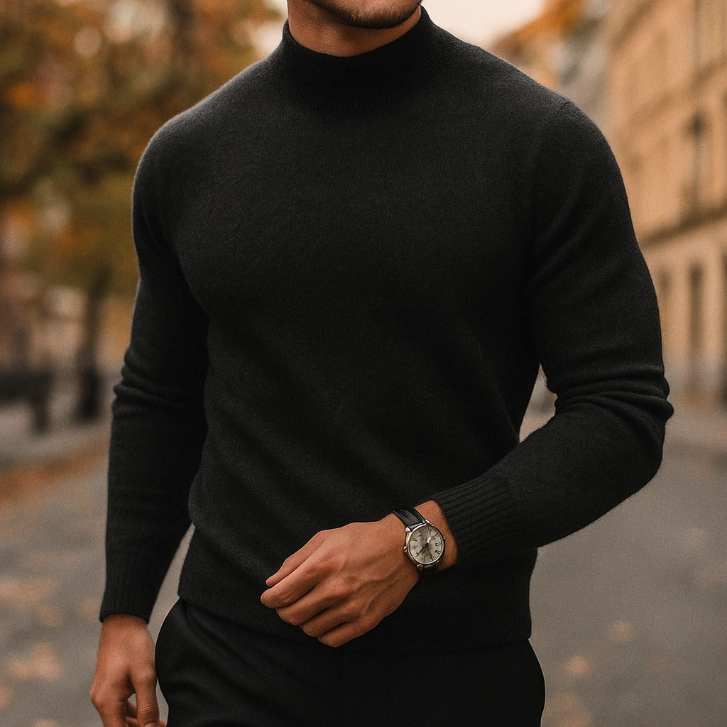Men's black mock neck knit jumper in a fine gauge knit