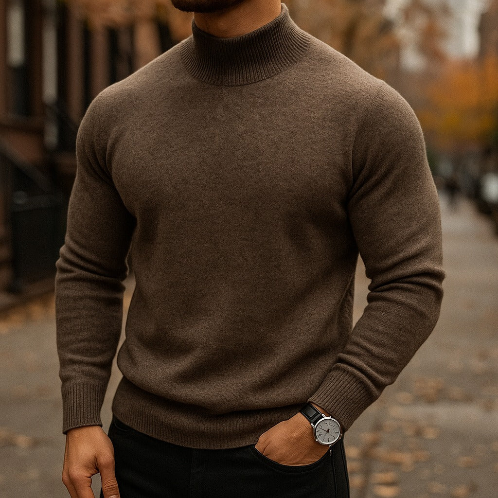 Men's brown mock neck knit jumper worn with dark trousers