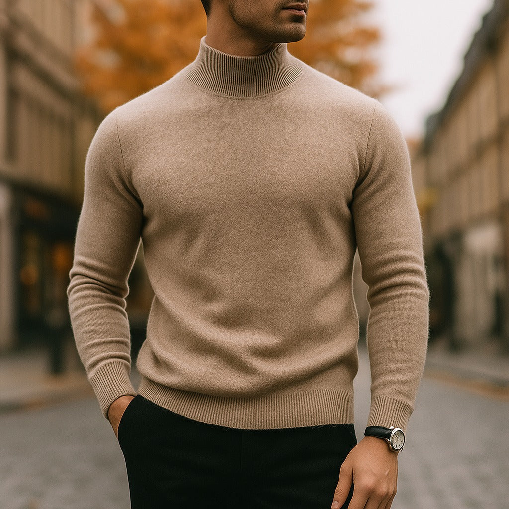 Men's camel mock neck jumper shown from the front