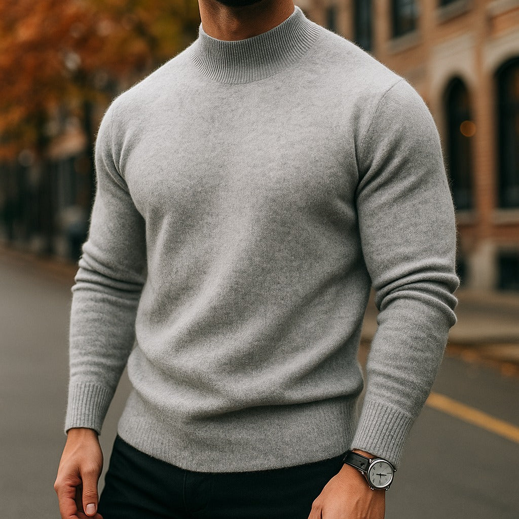 Men's light grey mock neck jumper with ribbed hem