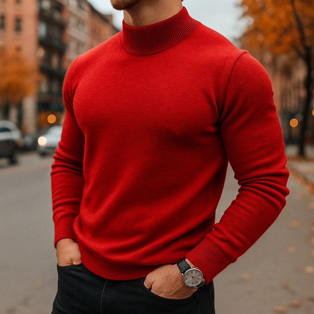 Men's red mock neck knit jumper in a fine knit