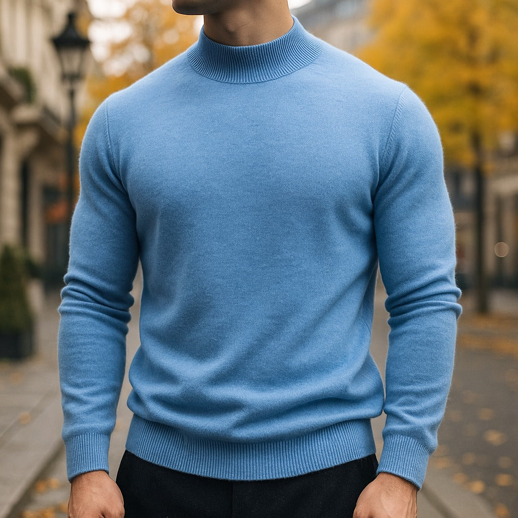 Men's sky blue mock neck jumper with ribbed cuffs