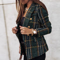 Plaid Tweed Double Breasted Gold Button Tailored Blazer