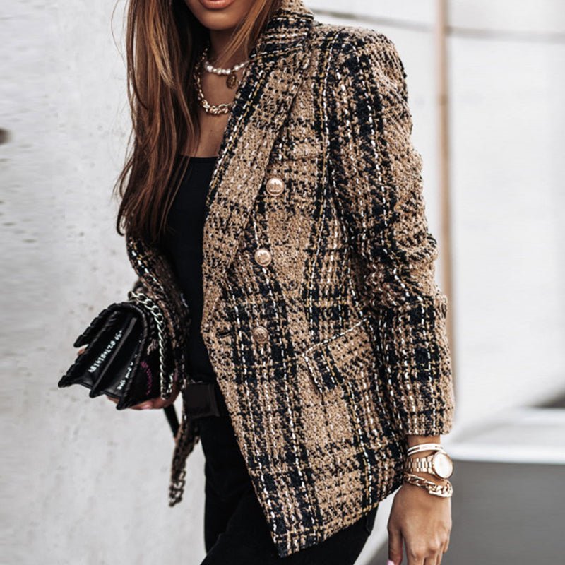 Plaid Tweed Double Breasted Gold Button Tailored Blazer