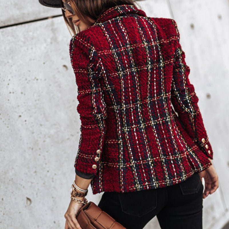Plaid Tweed Double Breasted Gold Button Tailored Blazer