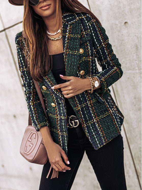Plaid Tweed Double Breasted Gold Button Tailored Blazer