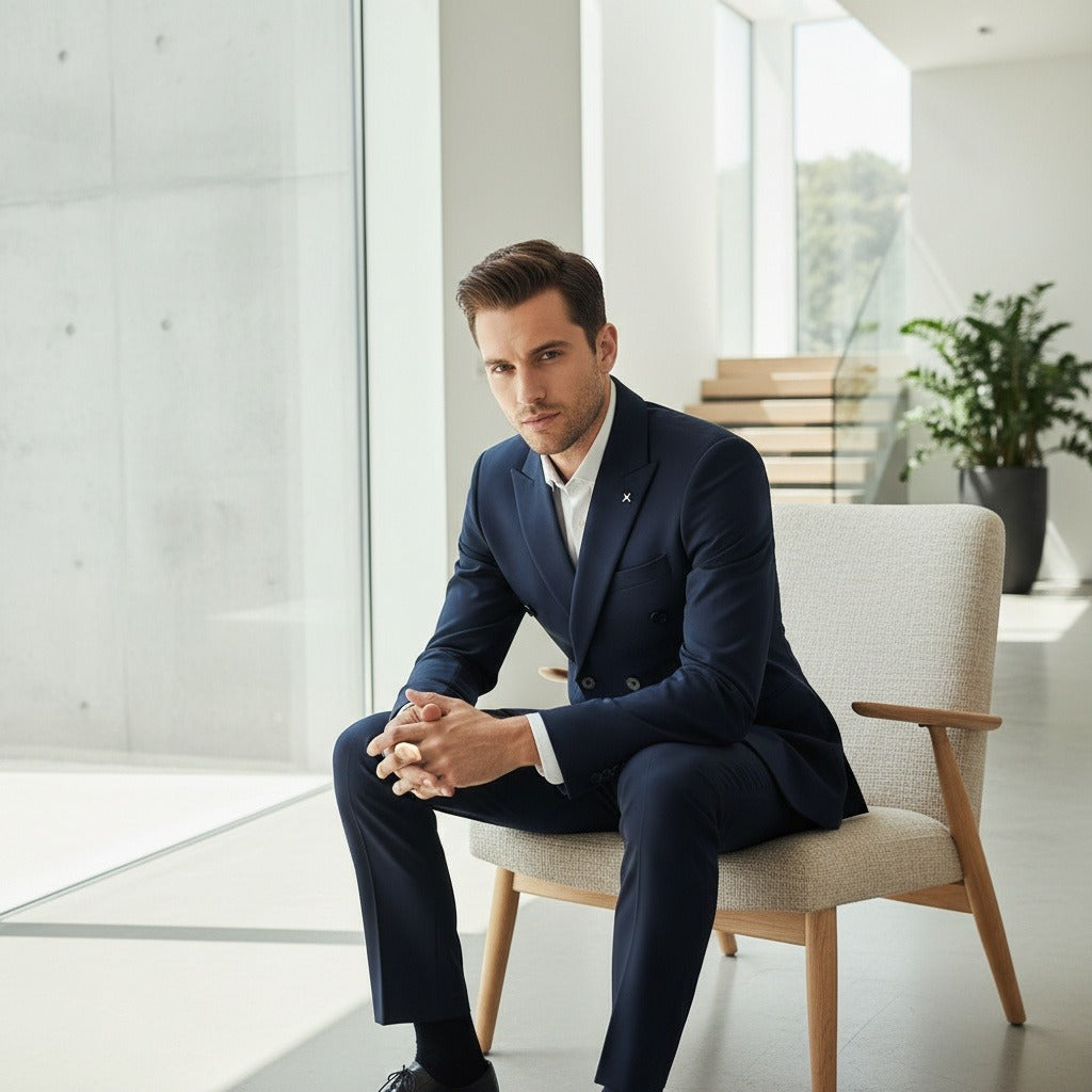 Men's Double Breasted Suit in navy, view 3