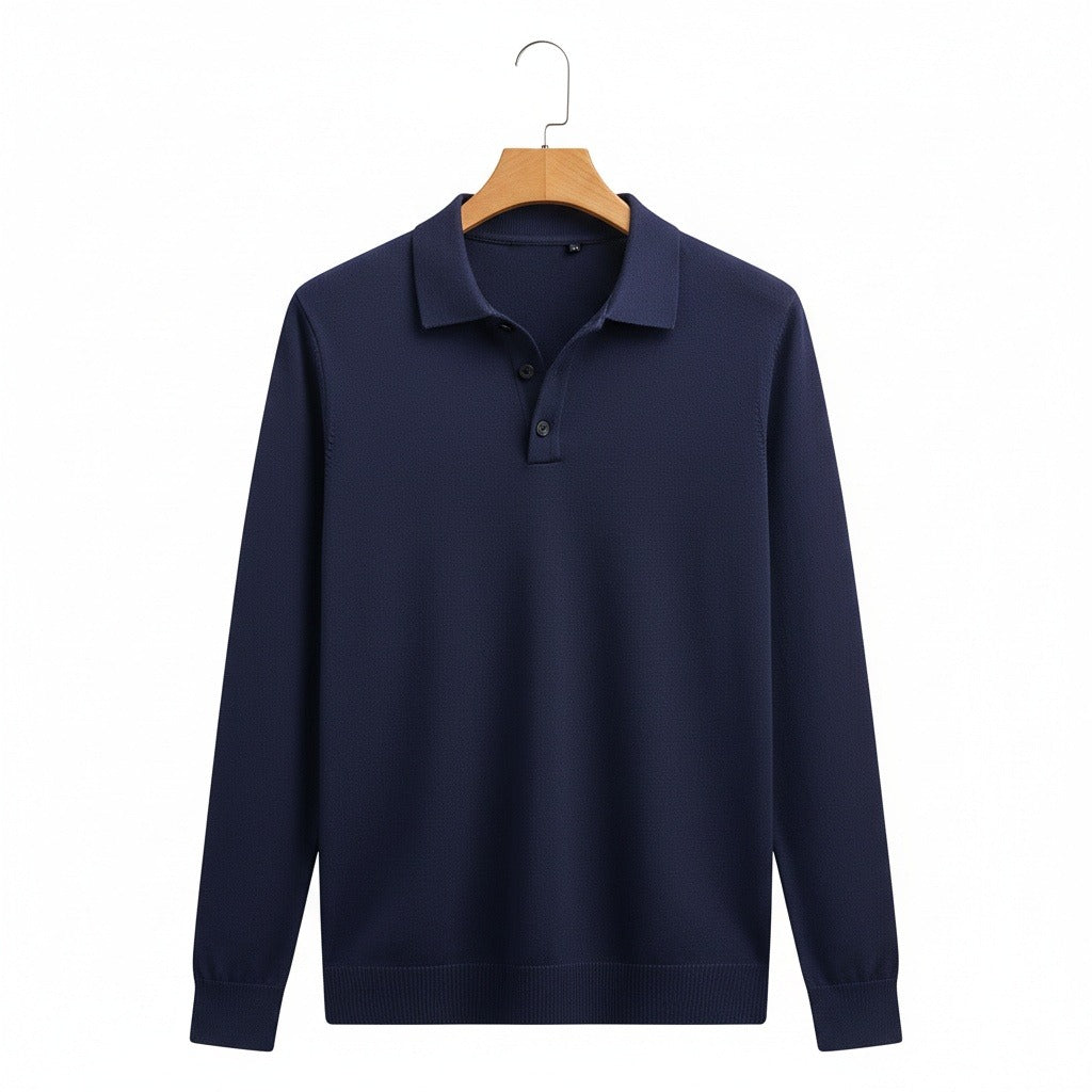 Men's Knitted Polo Shirt in navy – Long Sleeve Fine Knit Polo