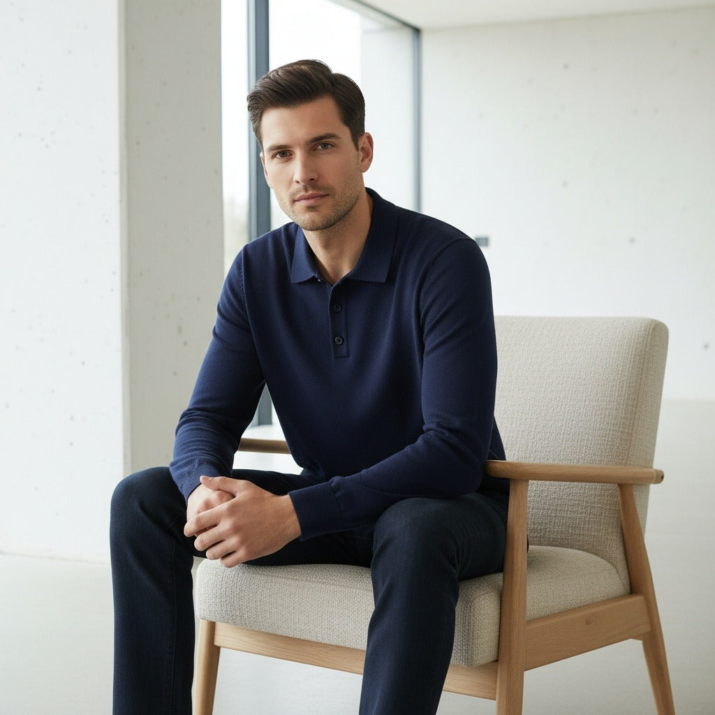 Men's Knitted Polo Shirt in navy, view 3
