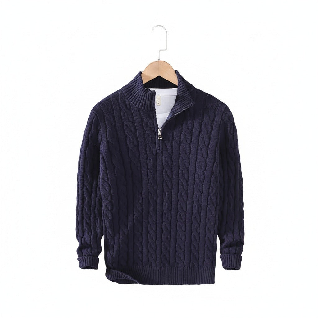 Men's Quarter Zip Jumper in navy – Cable Knit Funnel Neck Jumper