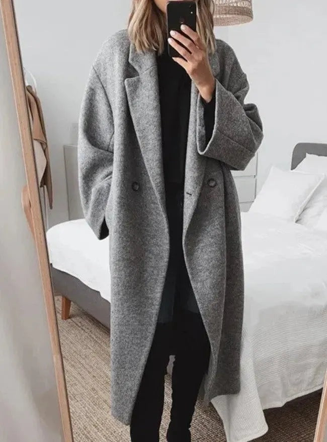 Women's grey oversized longline coat with wide lapels