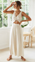 Women's Co-ord Set in beige – Ruched Crop Top and Wide Leg Trousers