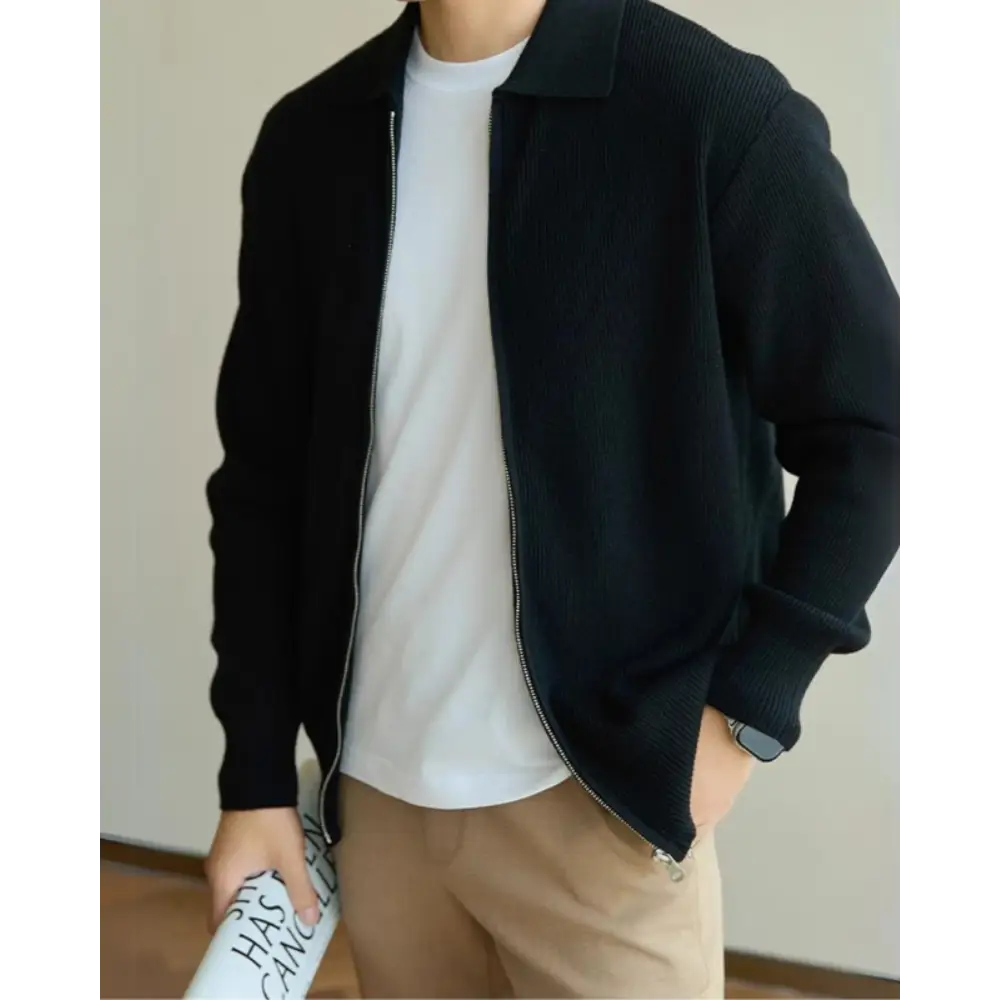 Men's Zip Through Cardigan – Ribbed Knit Collared Jacket