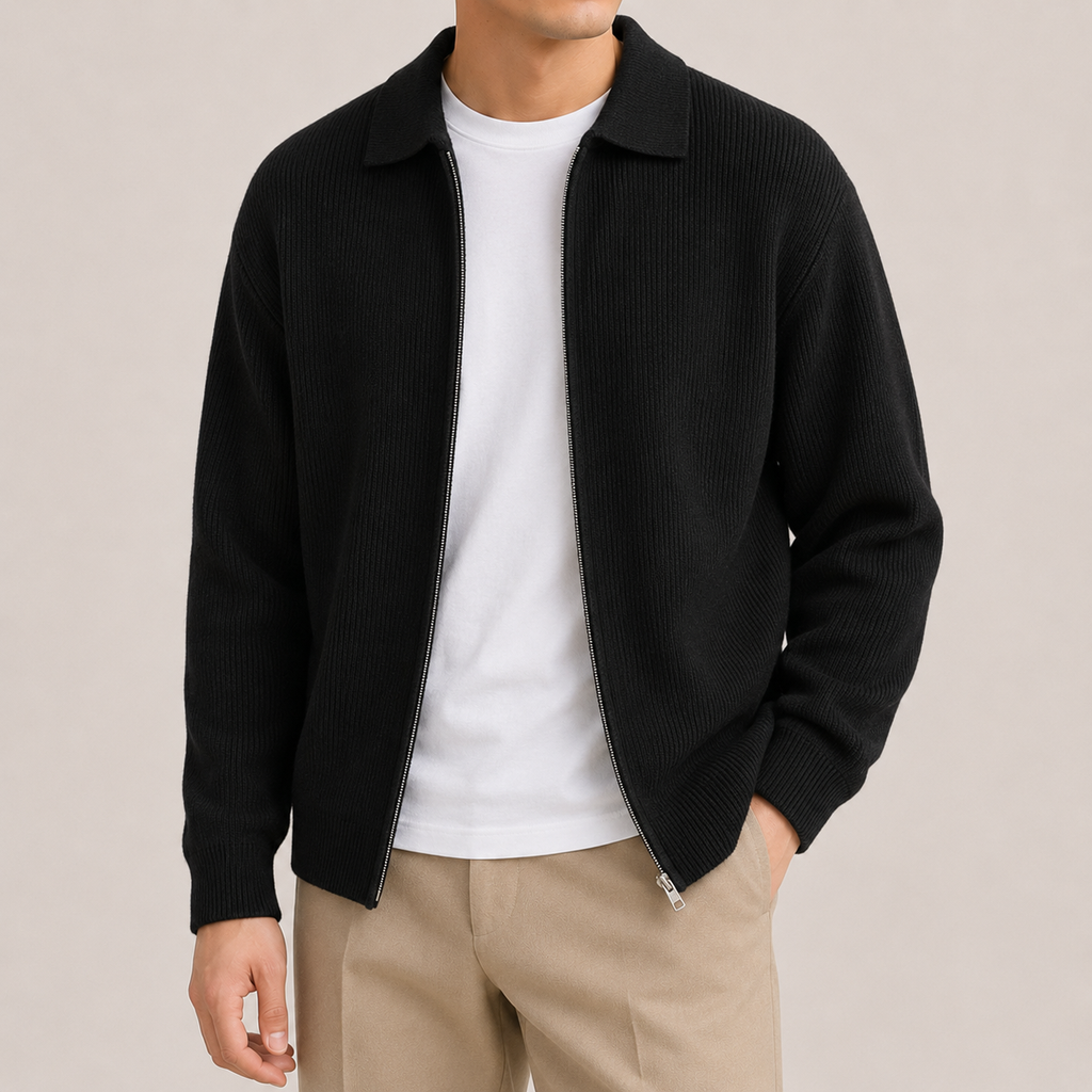 Men's Zip Through Cardigan – Ribbed Knit Collared Jacket