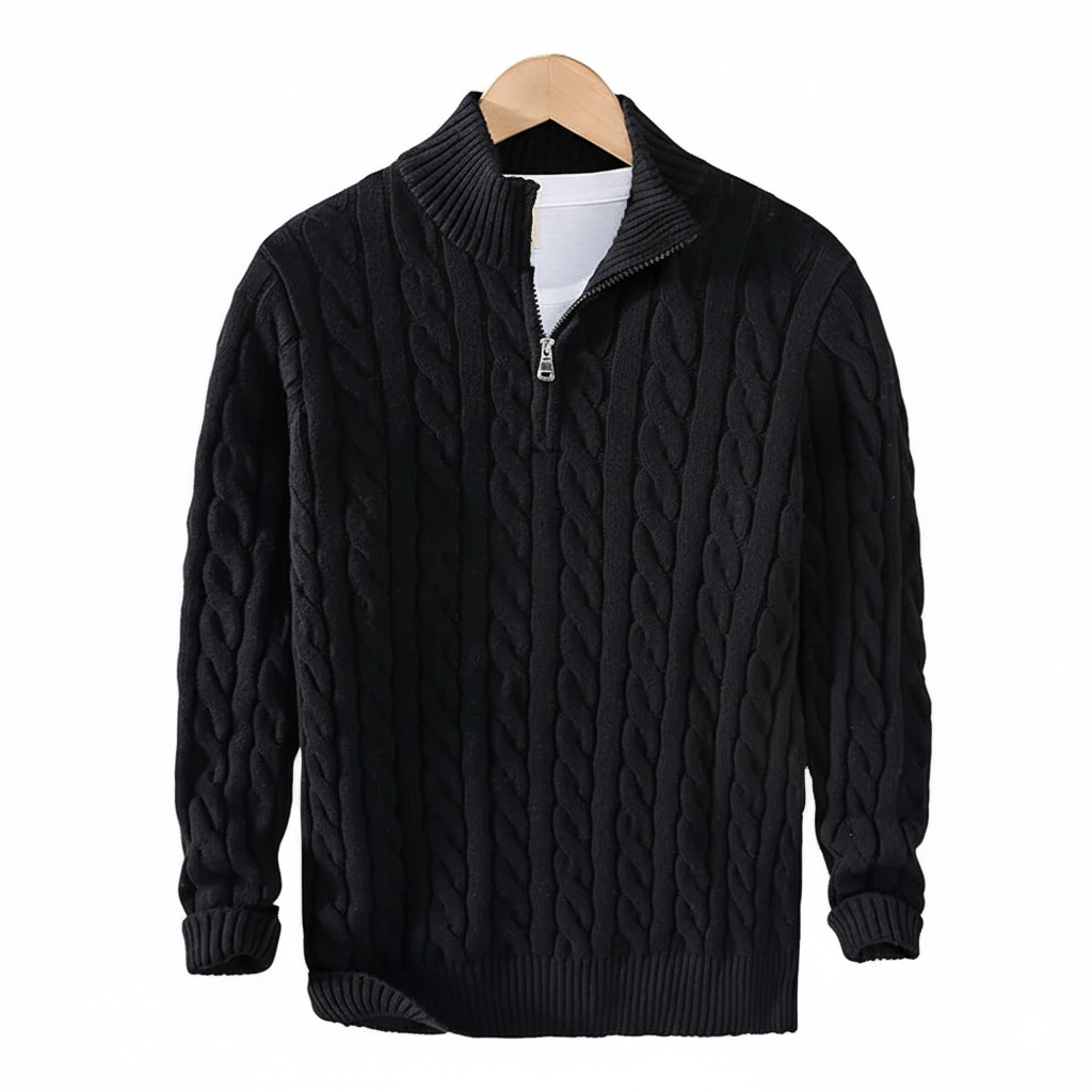 Men's Quarter Zip Jumper in black – Cable Knit Funnel Neck Jumper