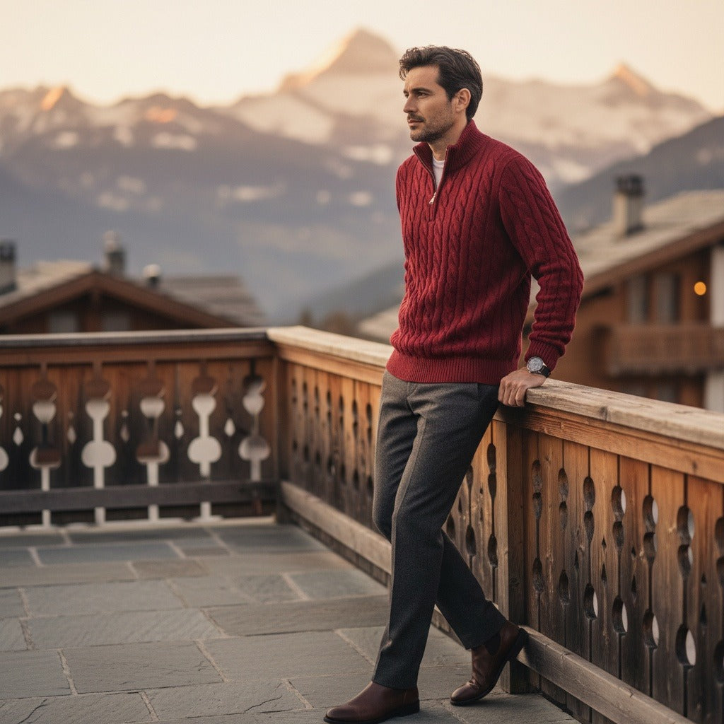 Men's Quarter Zip Jumper in red, view 2