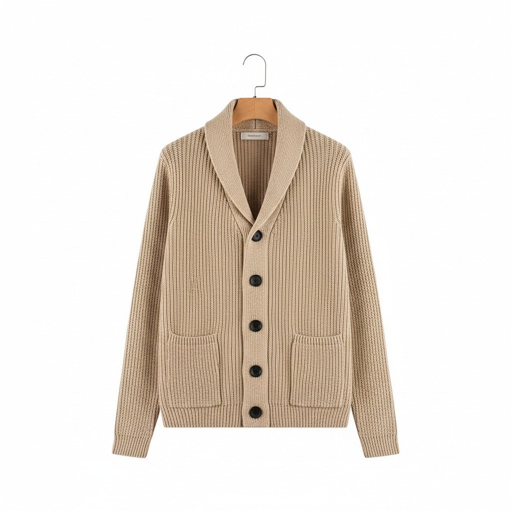 Men's Shawl Collar Cardigan in tan – Button Front Knitted Cardigan