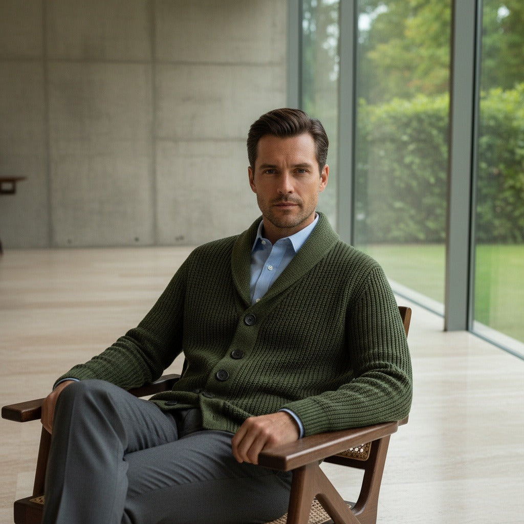 Men's Shawl Collar Cardigan in olive green, view 3