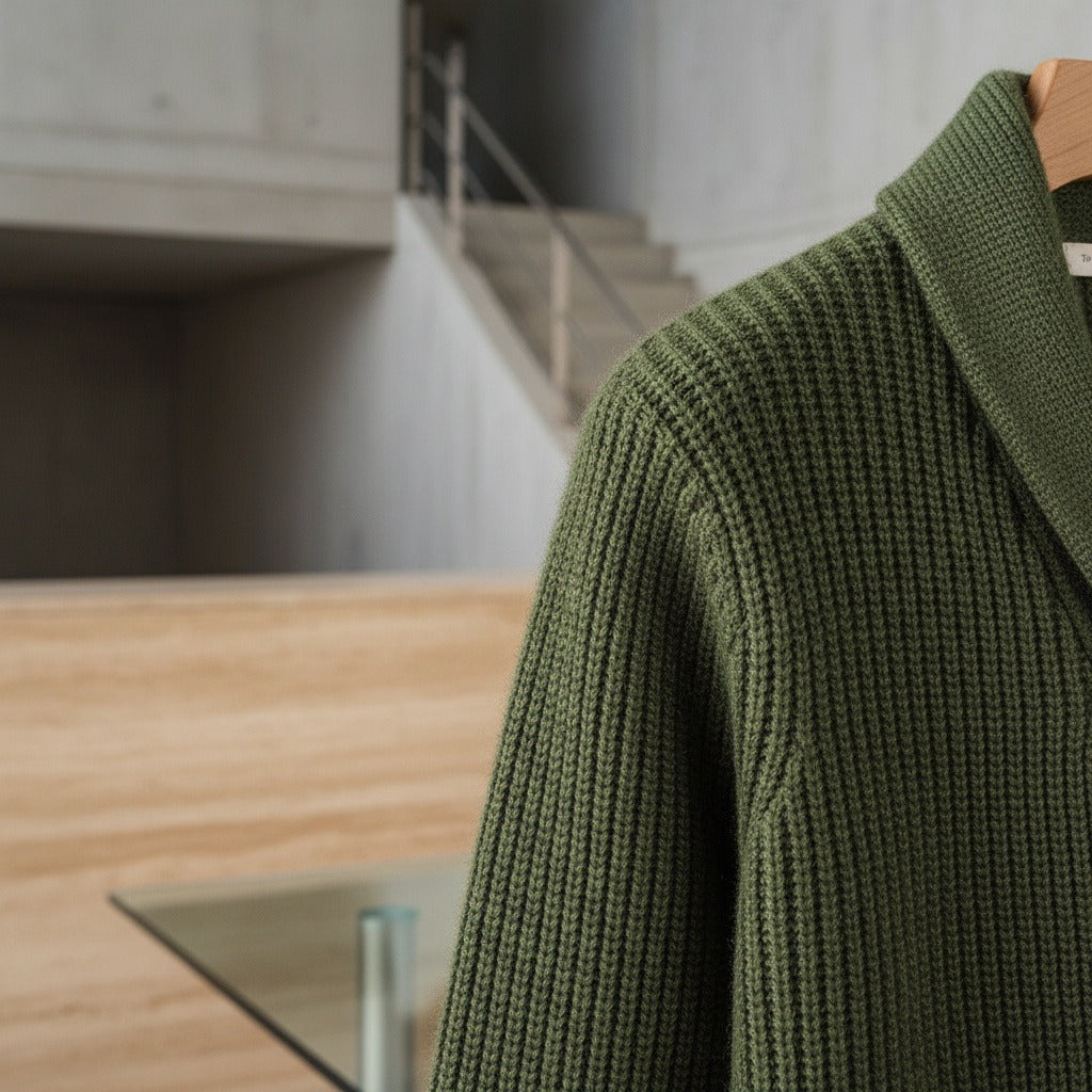 Men's Shawl Collar Cardigan in olive green, view 4