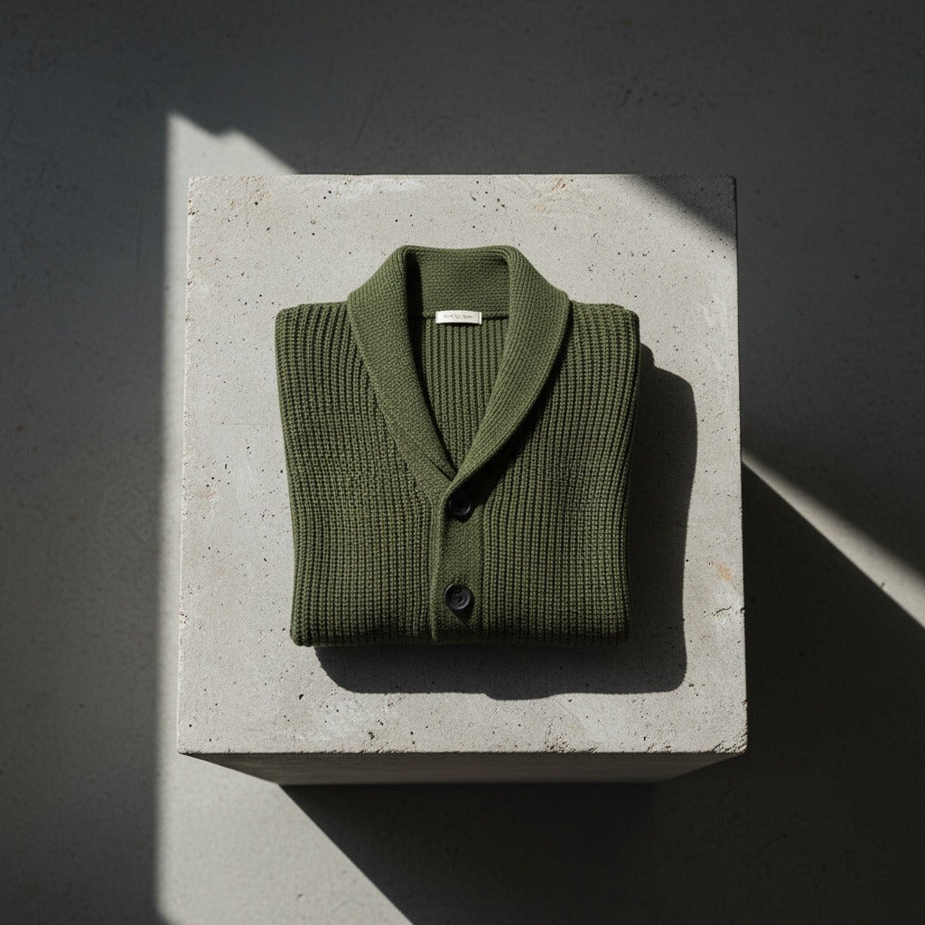Men's Shawl Collar Cardigan in olive green, view 7