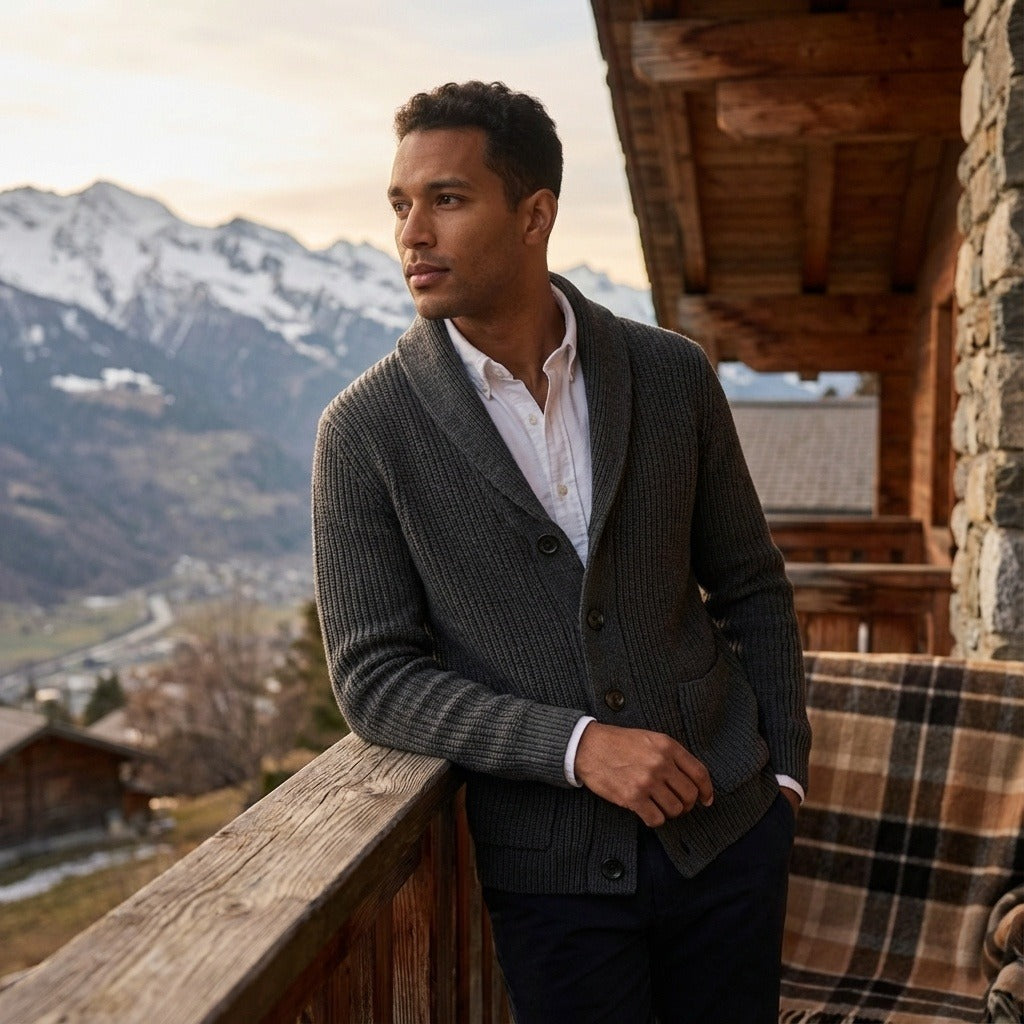 Men's Shawl Collar Cardigan in charcoal grey, view 2