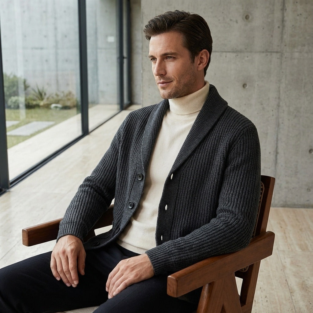 Men's Shawl Collar Cardigan in charcoal grey, view 3