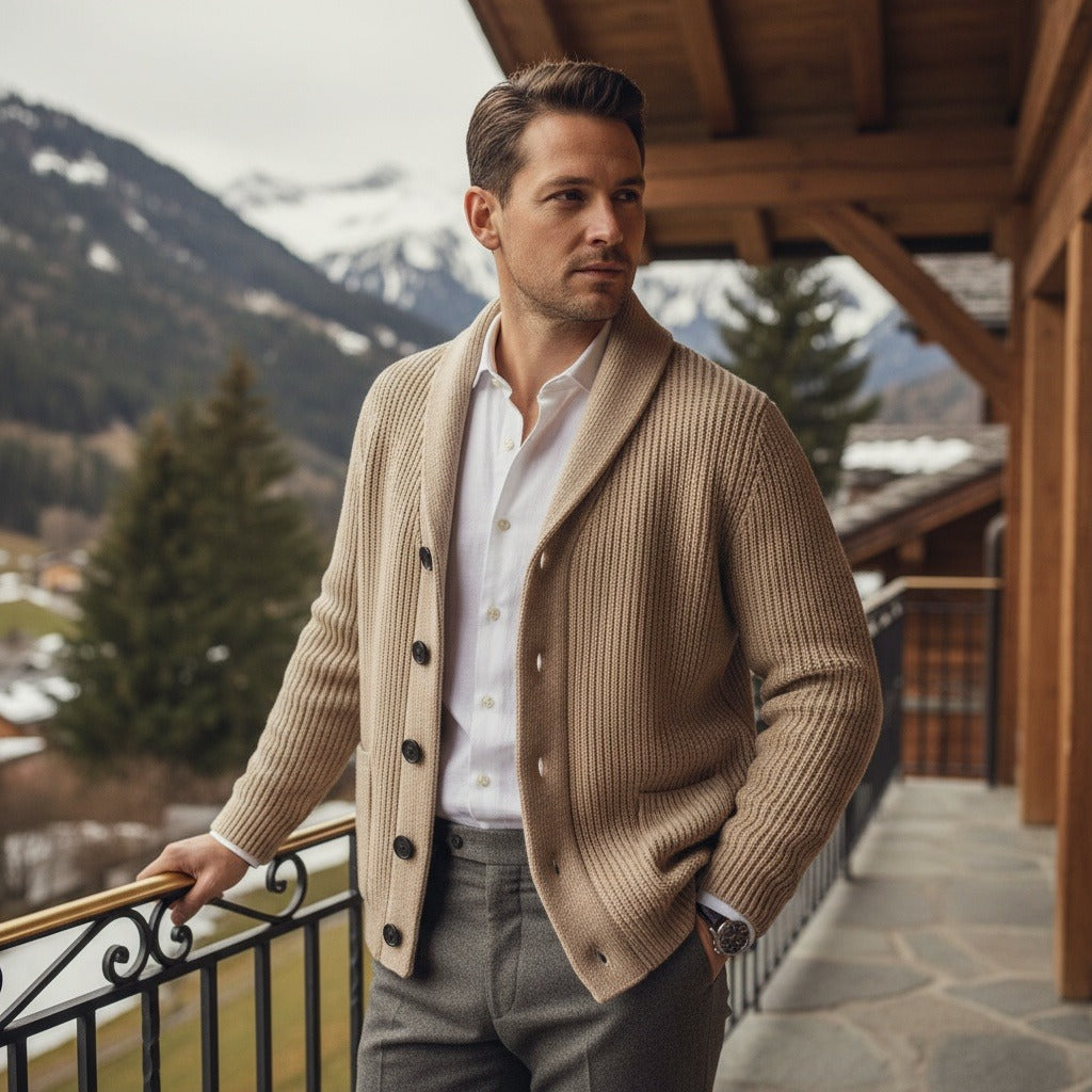 Men's Shawl Collar Cardigan in tan, view 2