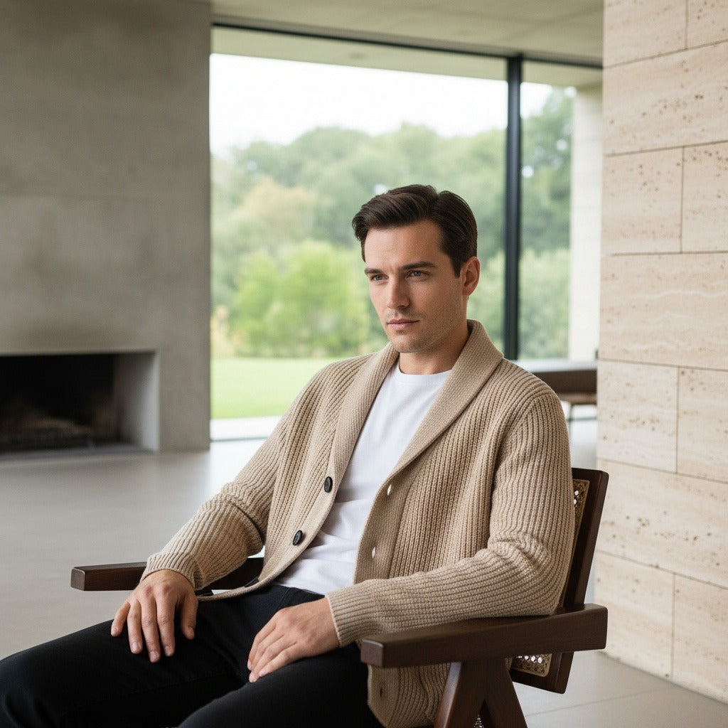 Men's Shawl Collar Cardigan in tan, view 3