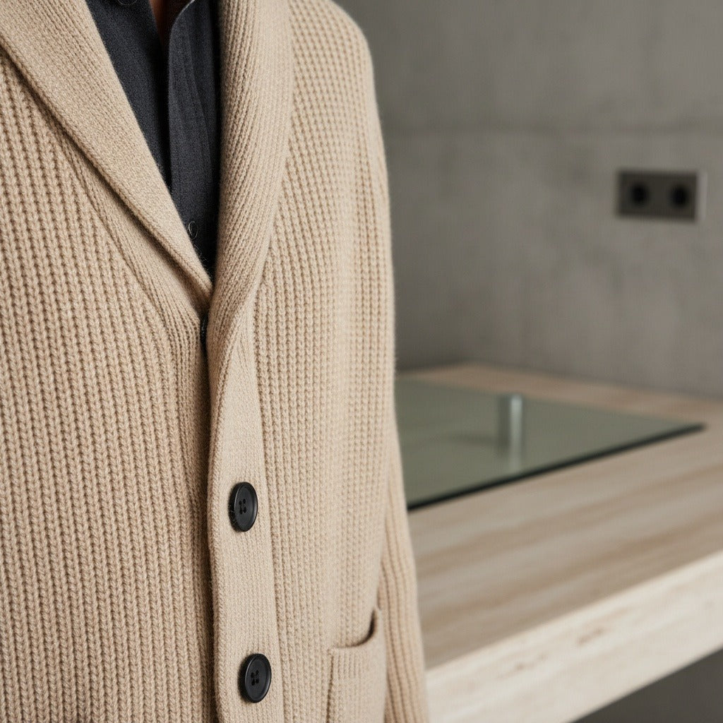 Men's Shawl Collar Cardigan in tan, view 4