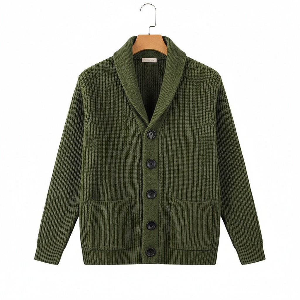 Men's Shawl Collar Cardigan in olive green – Button Front Knitted Cardigan