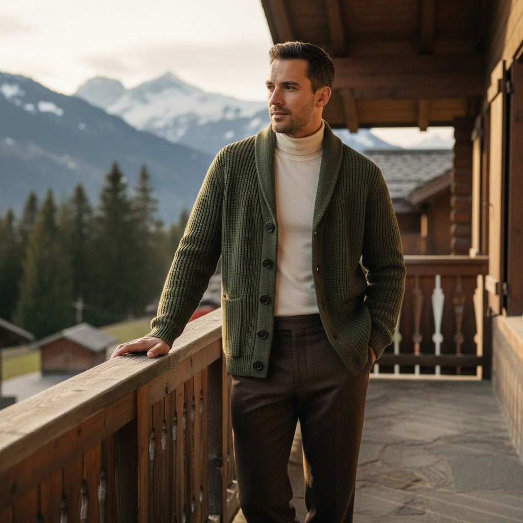 Men's Shawl Collar Cardigan in olive green, view 2