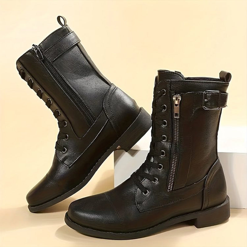 Women's Mid Calf Boots in black – Lace Up Side Zip Boots