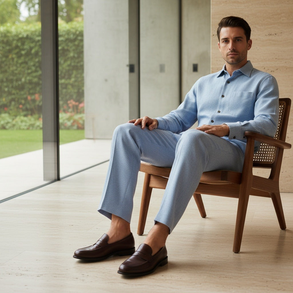 Men's Pleated Trousers in light blue, view 3