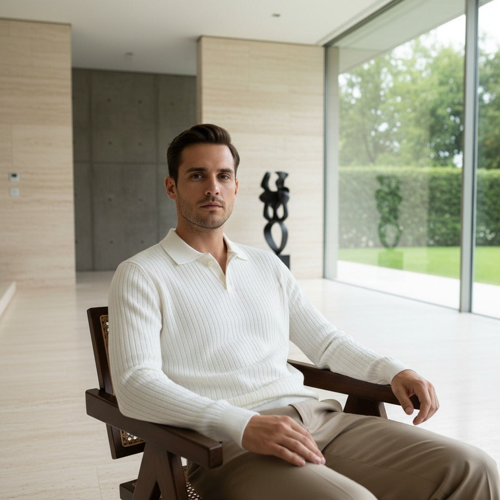 Men's Ribbed Polo Shirt in cream, view 3