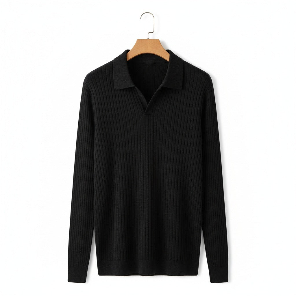 Men's Ribbed Polo Shirt in black – Open Collar Long Sleeve Polo