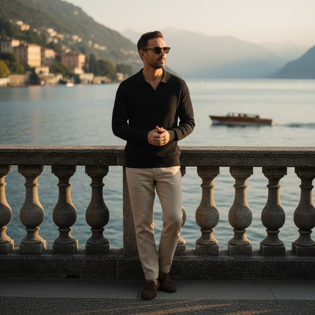 Men's Ribbed Polo Shirt in black, view 2